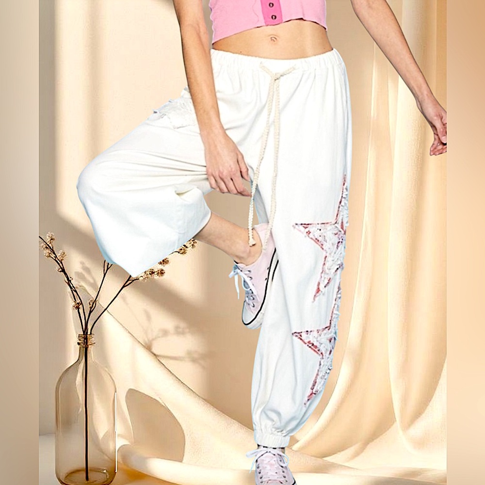 POL Star Patchwork Ivory Joggers | Embroidered Elastic Waist Pants - Picture 5 of 11